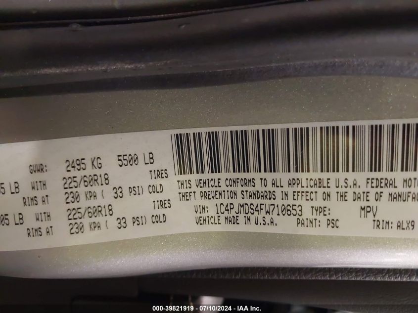 2015 Jeep Cherokee Limited VIN: 1C4PJMDS4FW710653 Lot: 39821919