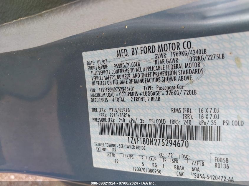 2007 Ford Mustang V6 Deluxe/V6 Premium VIN: 1ZVFT80N275294670 Lot: 39821924