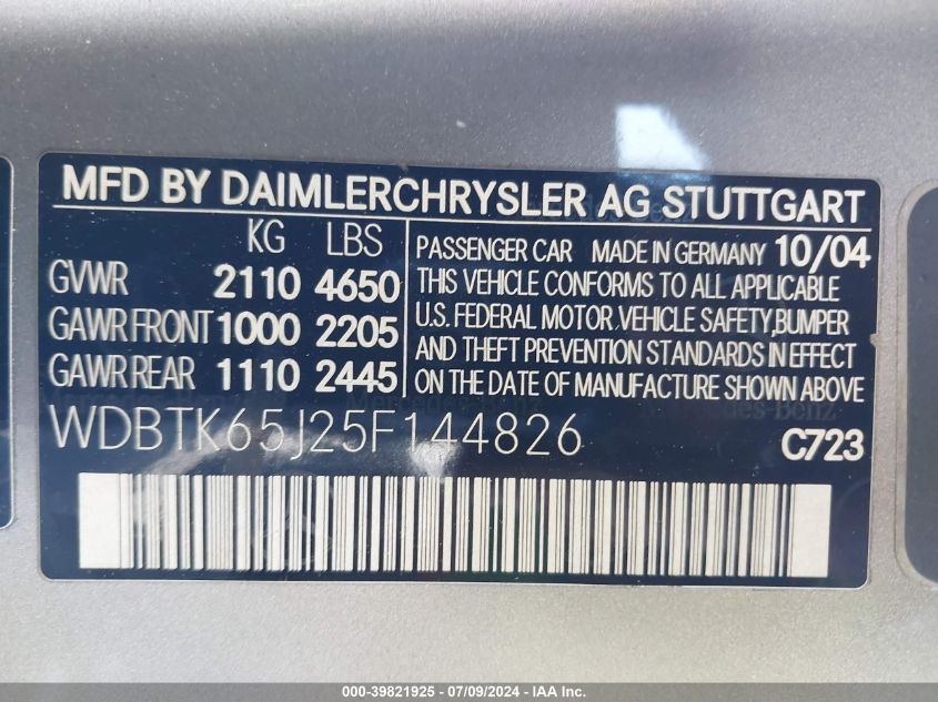 2005 Mercedes-Benz Clk 320 VIN: WDBTK65J25F144826 Lot: 39821925