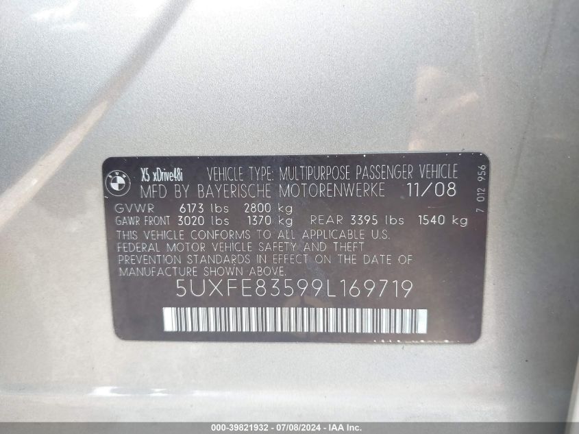 2009 BMW X5 xDrive48I VIN: 5UXFE83599L169719 Lot: 39821932