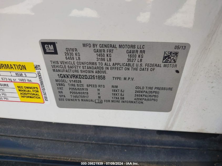 2013 GMC Acadia Slt-1 VIN: 1GKKVRKD2DJ261858 Lot: 39821939