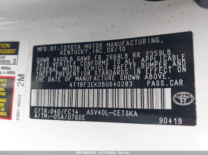 4T1BF3EK0BU640283 2011 Toyota Camry Se