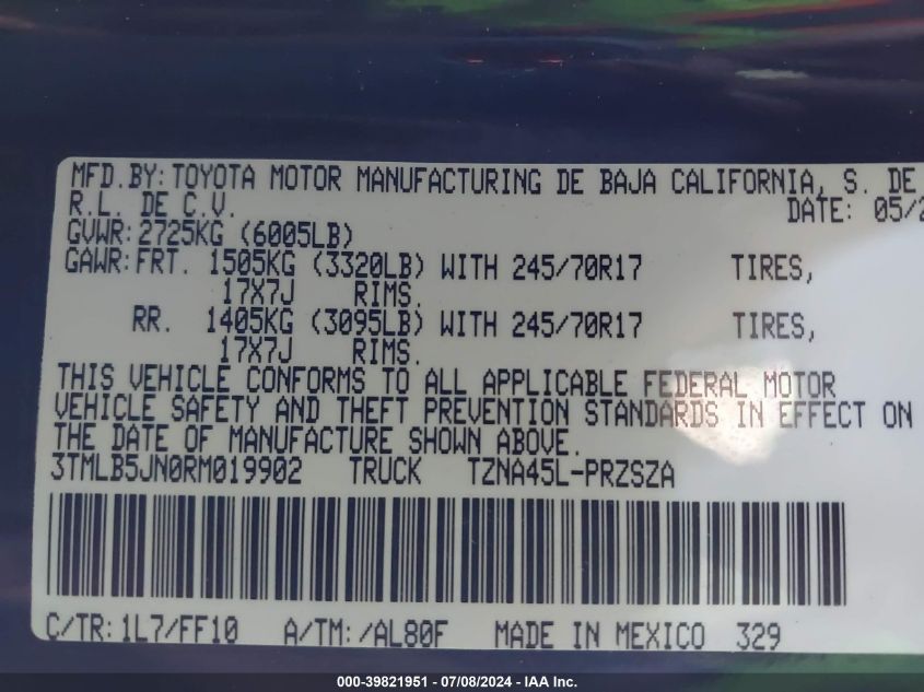 2024 Toyota Tacoma Sr5 VIN: 3TMLB5JN0RM019902 Lot: 39821951