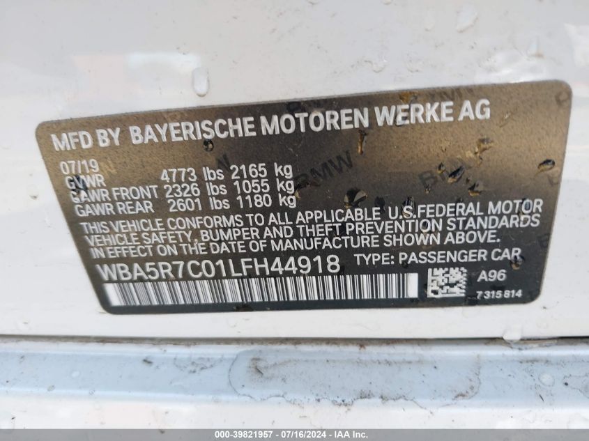 2020 BMW 330I xDrive VIN: WBA5R7C01LFH44918 Lot: 39821957