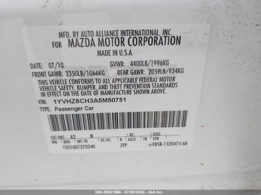 2010 Mazda Mazda6 I Touring Plus VIN: 1YVHZ8CH3A5M50751 Lot: 39821966