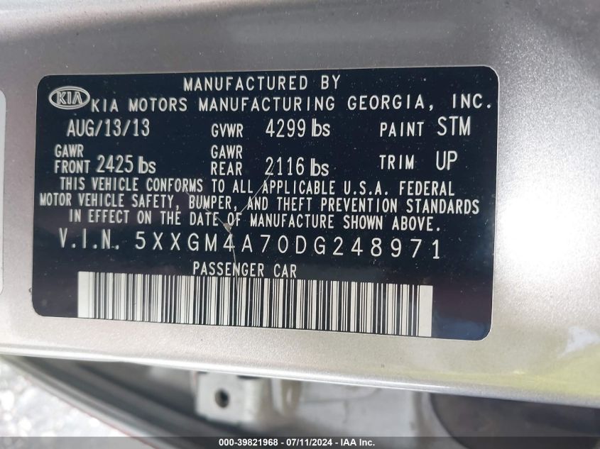 2013 Kia Optima Lx VIN: 5XXGM4A70DG248971 Lot: 39821968