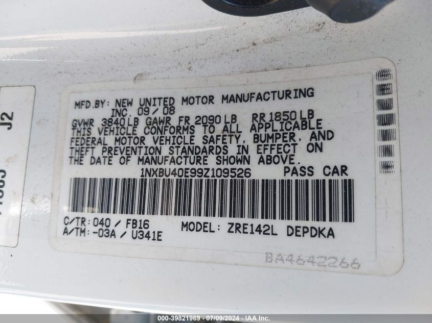 2009 Toyota Corolla Le VIN: 1NXBU40E99Z109526 Lot: 39821969