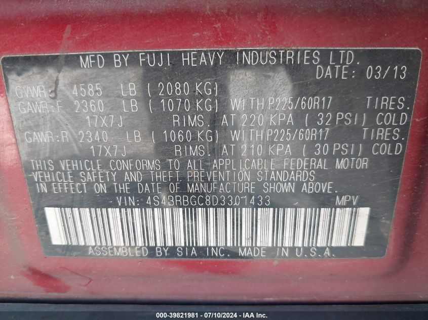 2013 Subaru Outback 2.5I Premium VIN: 4S4BRBGC8D3301433 Lot: 39821981