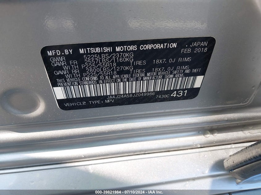 2018 Mitsubishi Outlander Se/Gt VIN: JA4J24A58JZ049986 Lot: 39821984