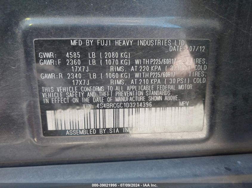 2013 Subaru Outback 2.5I Premium VIN: 4S4BRCGC1D3214396 Lot: 39821995