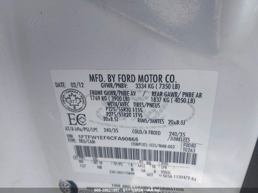 1FTFW1EF6CFA90865 | 2012 FORD F-150