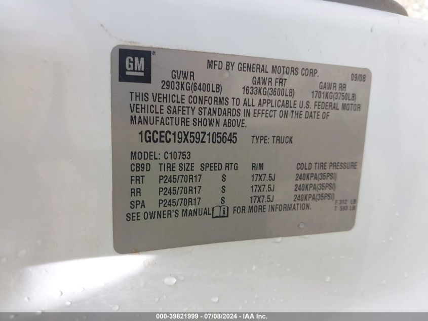 2009 Chevrolet Silverado 1500 Work Truck VIN: 1GCEC19X59Z105645 Lot: 39821999