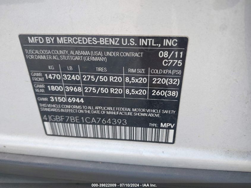 4JGBF7BE1CA764393 2012 Mercedes-Benz Gl 450 4Matic