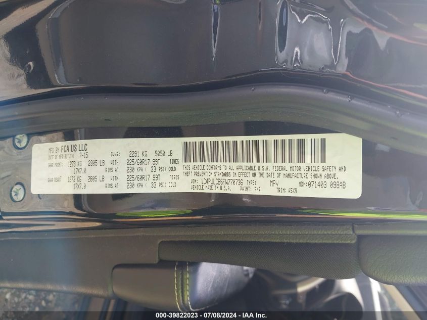 2015 Jeep Cherokee Latitude VIN: 1C4PJLCB6FW770736 Lot: 39822023