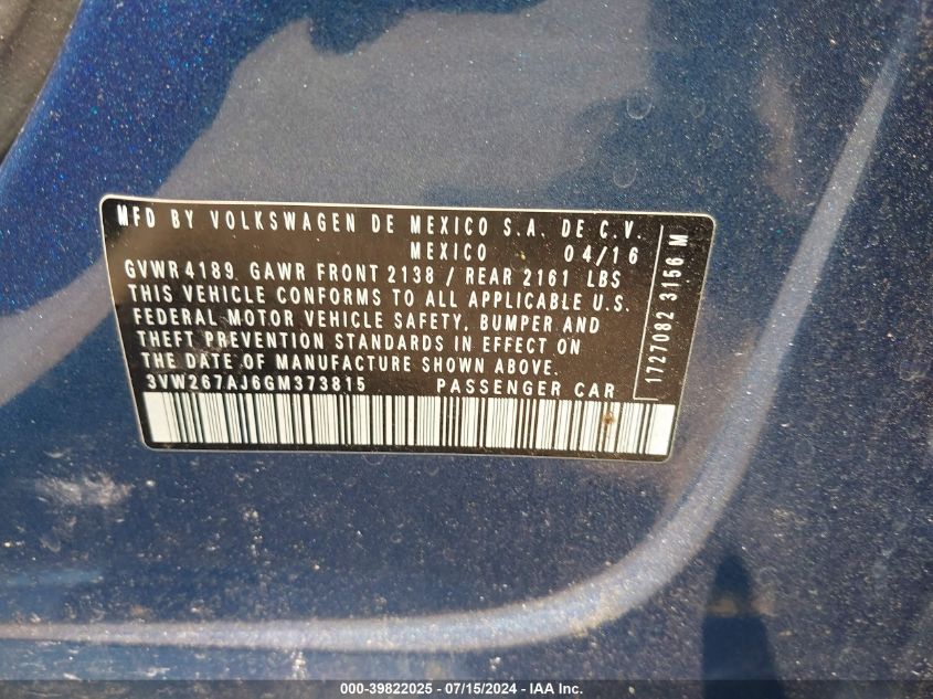 2016 Volkswagen Jetta 1.4T S VIN: 3VW267AJ6GM373815 Lot: 39822025