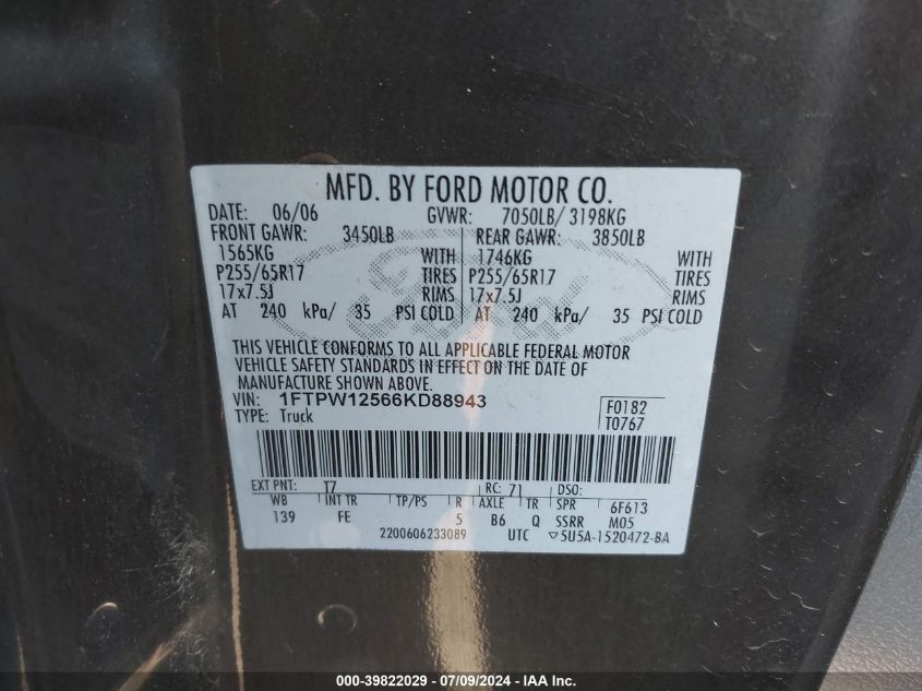 2006 Ford F-150 Lariat/Xlt VIN: 1FTPW12566KD88943 Lot: 39822029