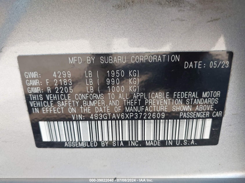2023 Subaru Impreza Premium 5-Door VIN: 4S3GTAV6XP3722609 Lot: 39822040