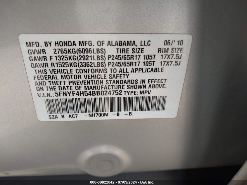 2011 Honda Pilot Ex-L VIN: 5FNYF4H54BB024752 Lot: 39822042
