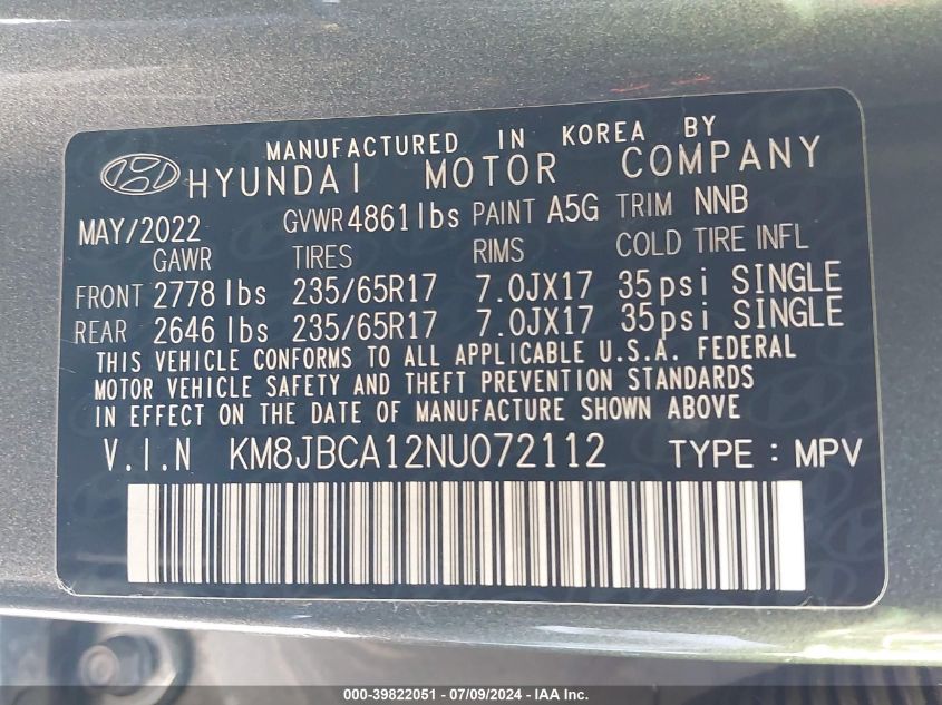 2022 Hyundai Tucson Hybrid Blue VIN: KM8JBCA12NU072112 Lot: 39822051