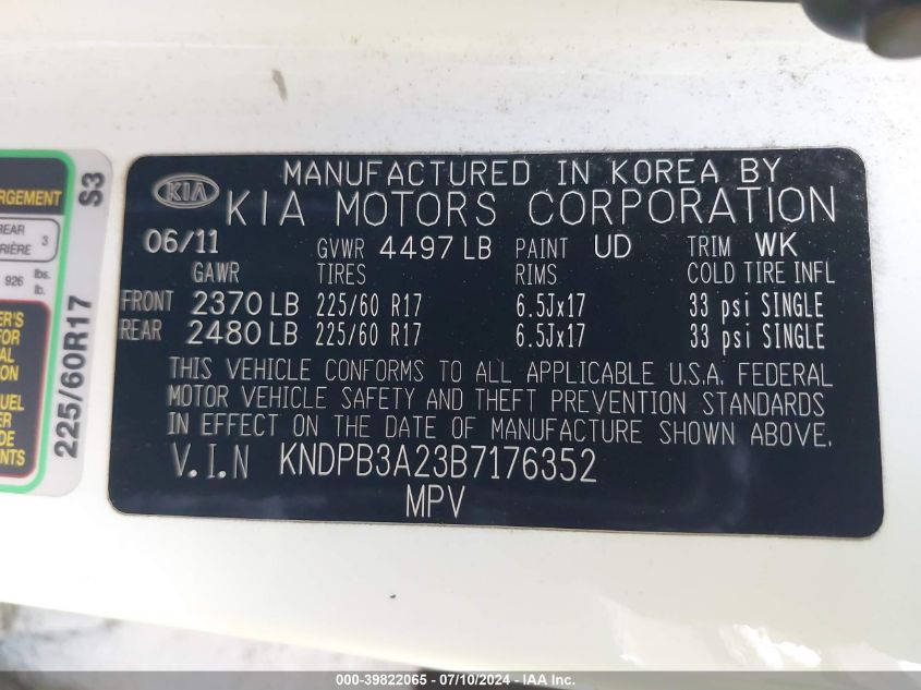2011 Kia Sportage Lx VIN: KNDPB3A23B7176352 Lot: 39822065