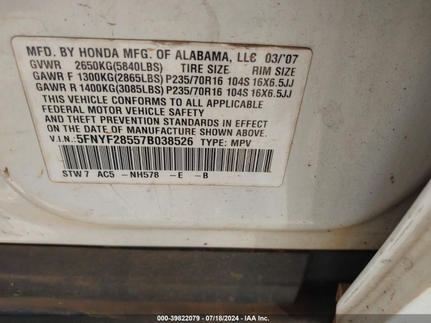 2007 Honda Pilot Ex-L VIN: 5FNYF28557B038526 Lot: 39822079