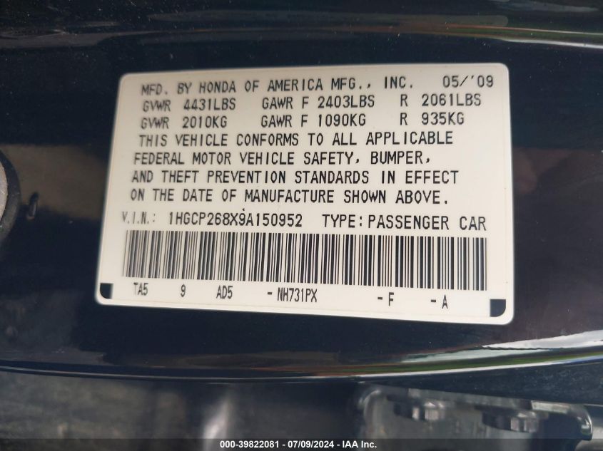 2009 Honda Accord Exl VIN: 1HGCP268X9A150952 Lot: 39822081