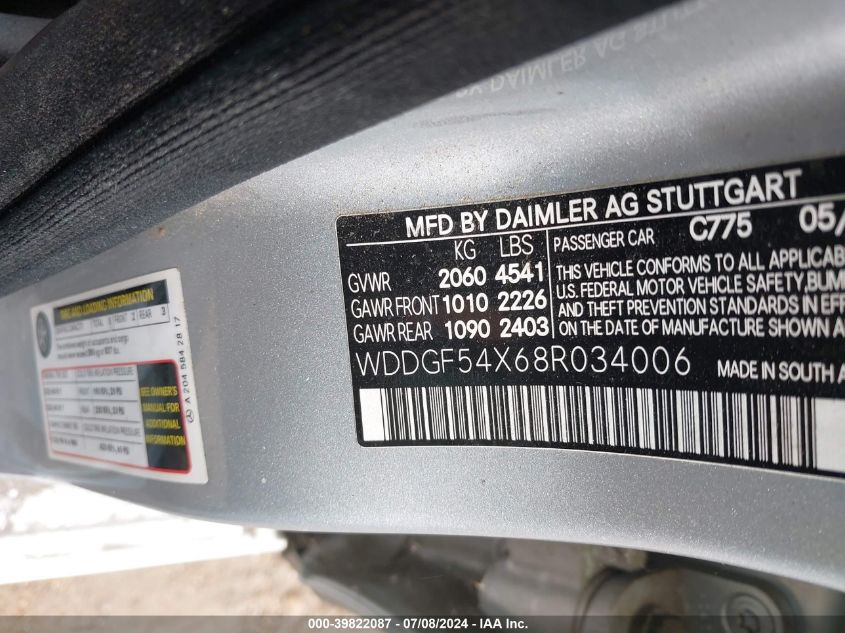 2008 Mercedes-Benz C 300 Luxury/Sport VIN: WDDGF54X68R034006 Lot: 39822087