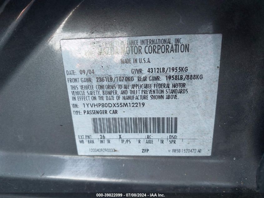 2005 Mazda Mazda6 S Grand Touring VIN: 1YVHP80DX55M12219 Lot: 39822099