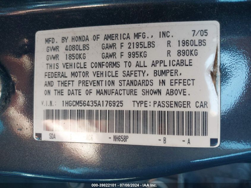 2005 Honda Accord 2.4 Lx VIN: 1HGCM56435A176925 Lot: 39822101