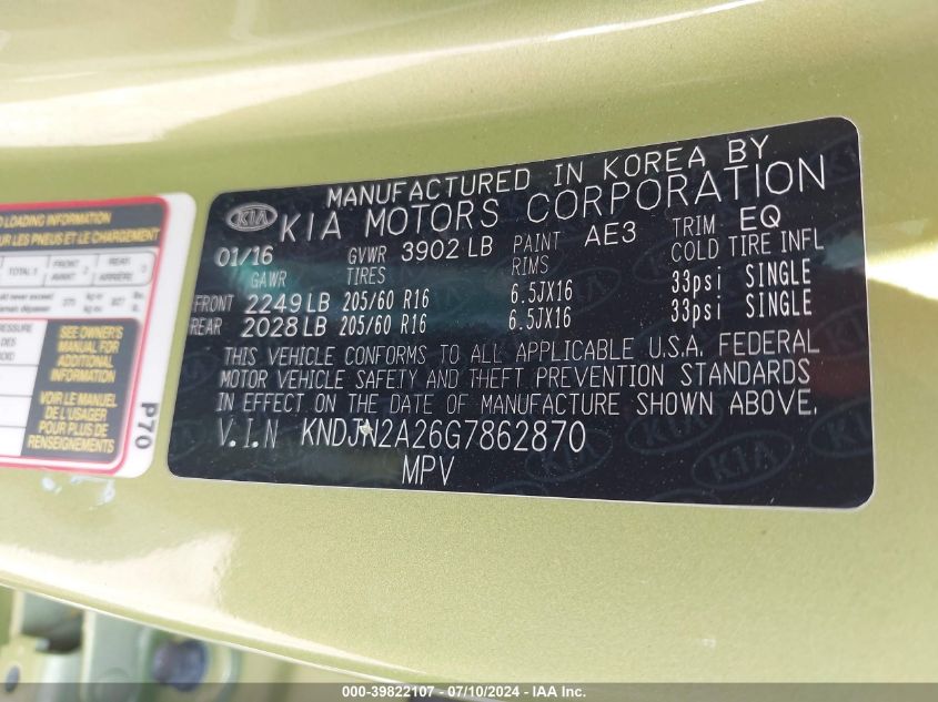 2016 Kia Soul VIN: KNDJN2A26G7862870 Lot: 39822107