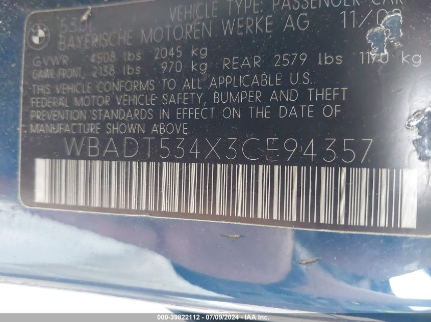 2003 BMW 530I I VIN: WBADT534X3CE94357 Lot: 39822112