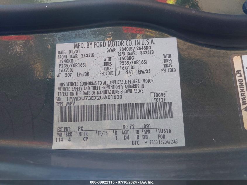 2002 Ford Explorer Xlt VIN: 1FMDU73E72UA01630 Lot: 39822115