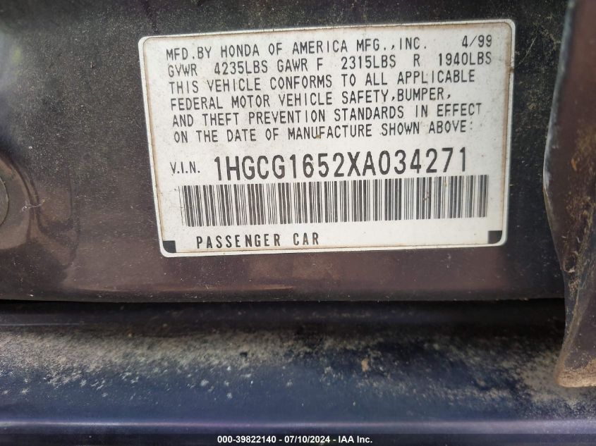 1999 Honda Accord Ex VIN: 1HGCG1652XA034271 Lot: 39822140