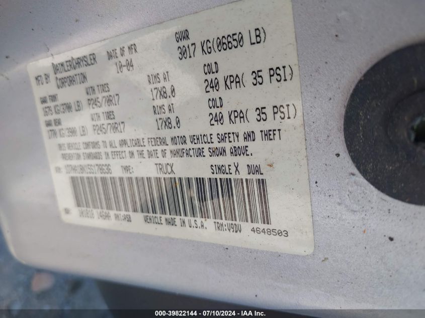 2005 Dodge Ram 1500 Slt/Laramie VIN: 1D7HA18N15S178636 Lot: 39822144