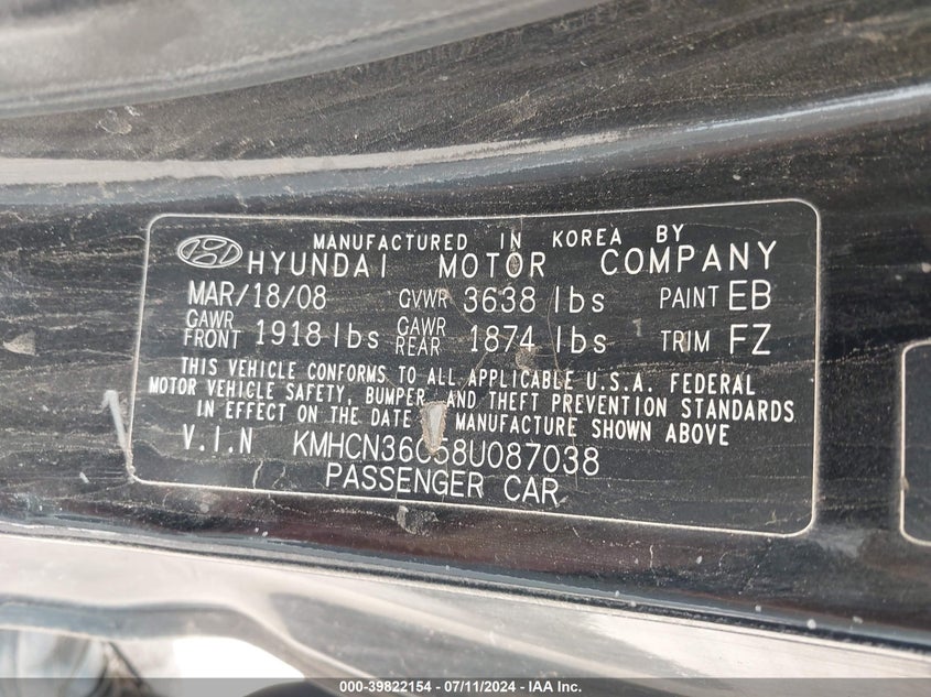 2008 Hyundai Accent Se VIN: KMHCN36C58U087038 Lot: 39822154