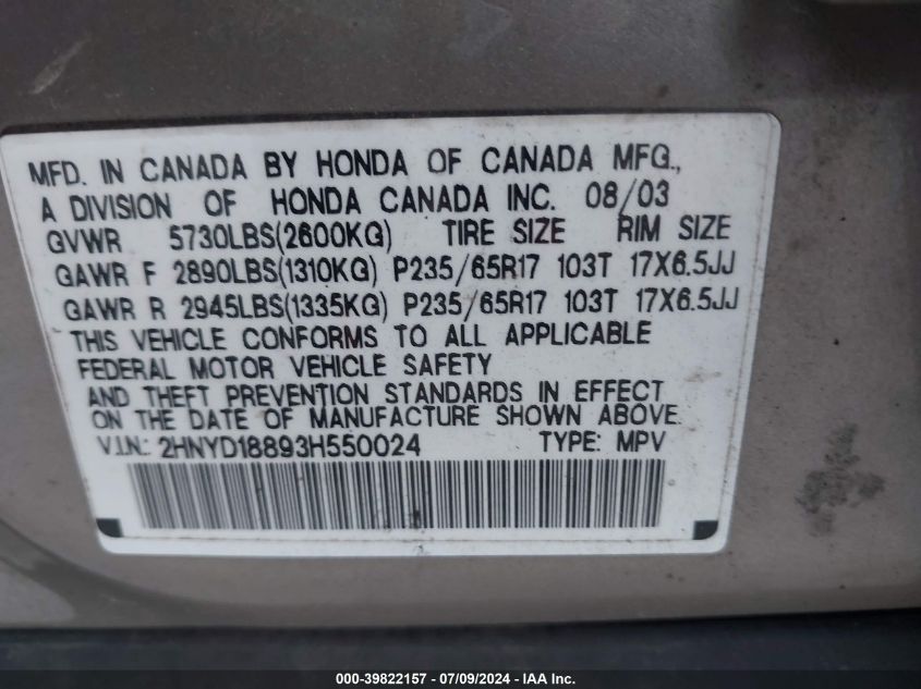 2003 Acura Mdx Touring VIN: 2HNYD18893H550024 Lot: 39822157