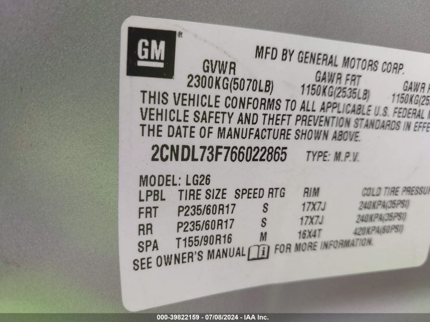 2006 Chevrolet Equinox Lt VIN: 2CNDL73F766022865 Lot: 39822159