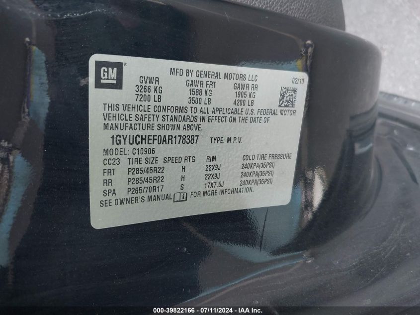 2010 Cadillac Escalade Esv Luxury VIN: 1GYUCHEF0AR178387 Lot: 42490590