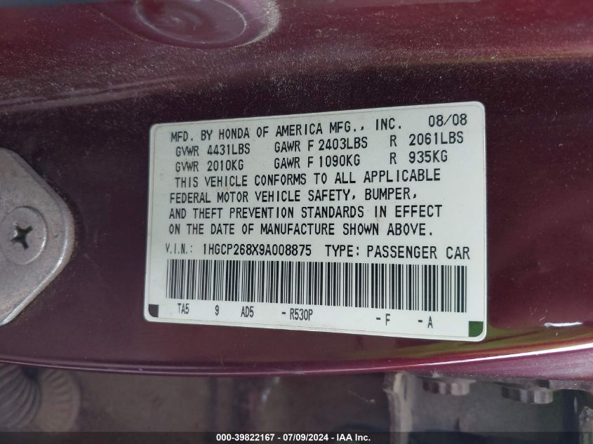 2009 Honda Accord 2.4 Ex-L VIN: 1HGCP268X9A008875 Lot: 39822167