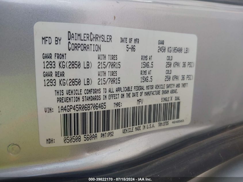 2006 Chrysler Town & Country VIN: 1A4GP45R06B706465 Lot: 39822170