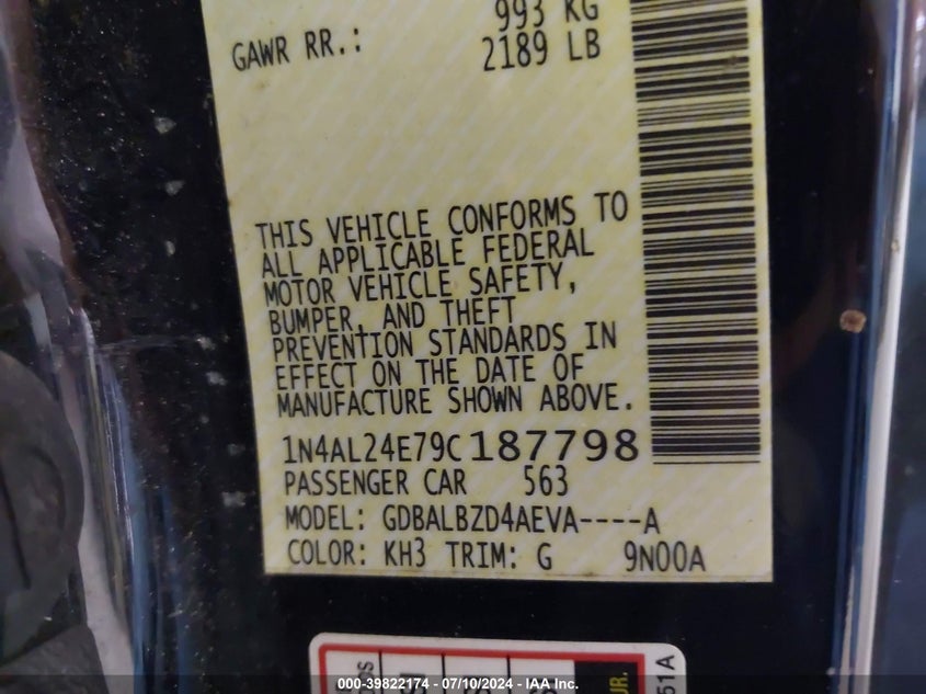 2009 Nissan Altima 2.5S VIN: 1N4AL24E79C187798 Lot: 39822174