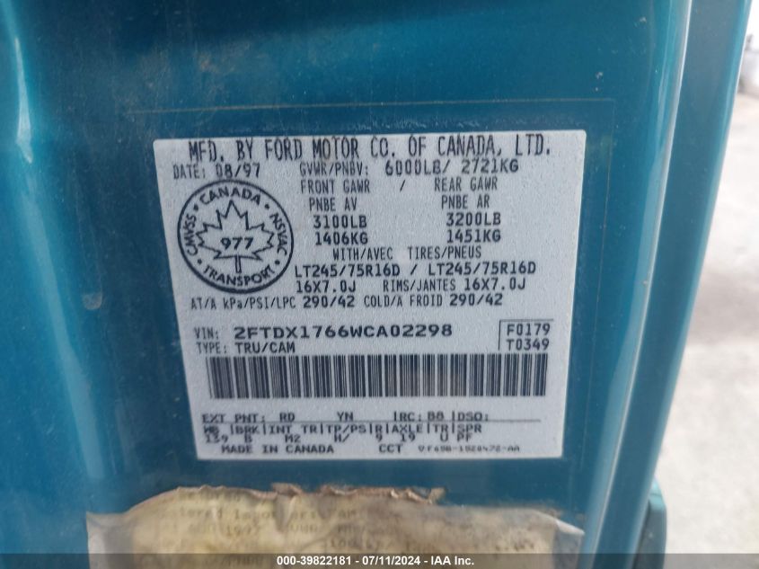 1998 Ford F-150 Lariat/Standard/Xl/Xlt VIN: 2FTDX1766WCA02298 Lot: 39822181