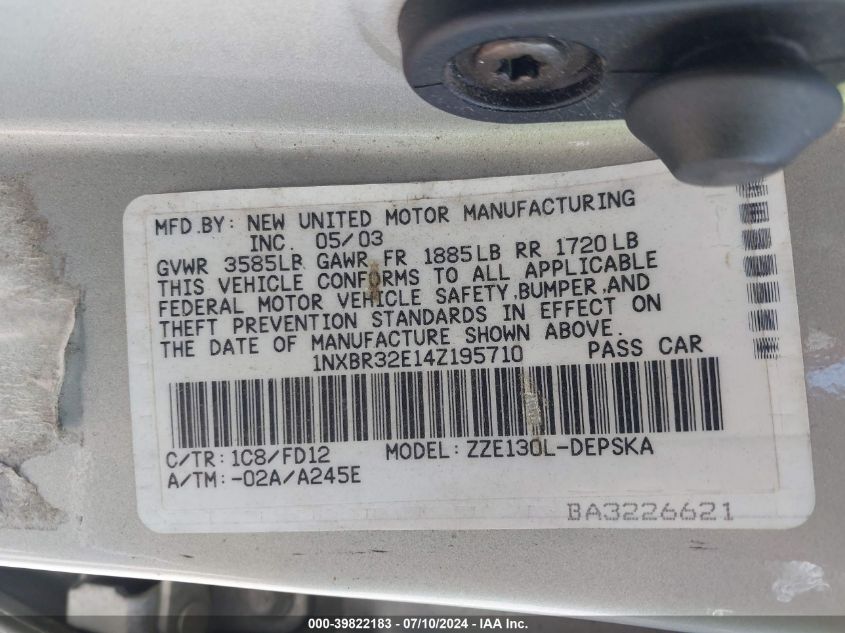 2004 Toyota Corolla S VIN: 1NXBR32E14Z195710 Lot: 39822183