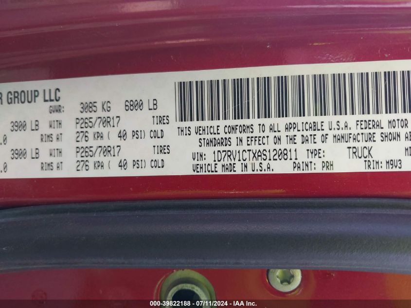 2010 Dodge Ram 1500 Slt/Sport/Trx VIN: 1D7RV1CTXAS120811 Lot: 39822188