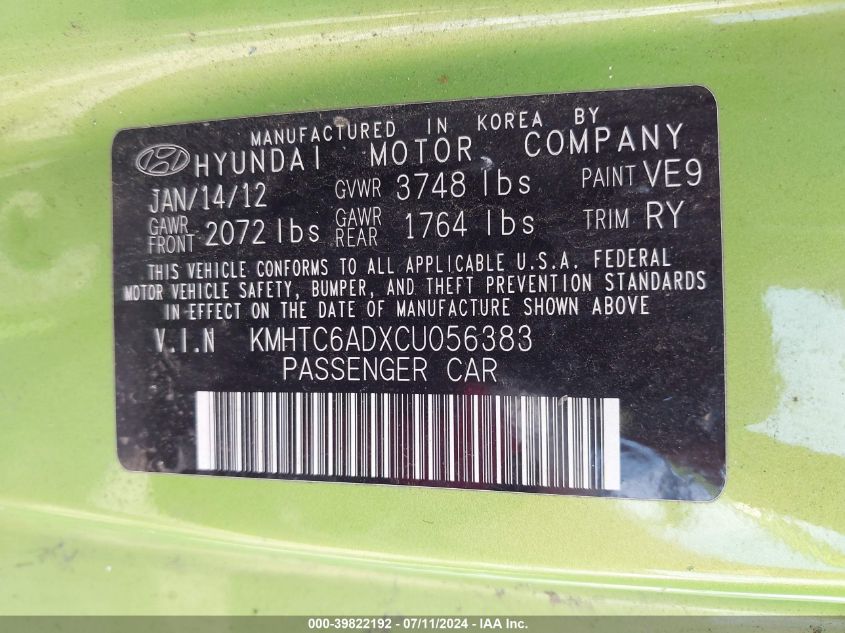 2012 Hyundai Veloster Base W/Black VIN: KMHTC6ADXCU056383 Lot: 39822192