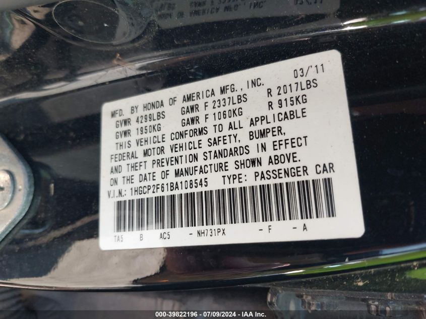 2011 Honda Accord 2.4 Se VIN: 1HGCP2F61BA108545 Lot: 39822196