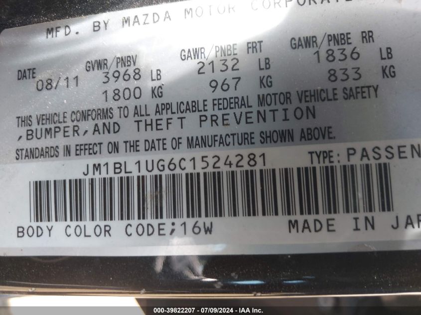 2012 Mazda Mazda3 I Sport VIN: JM1BL1UG6C1524281 Lot: 39822207