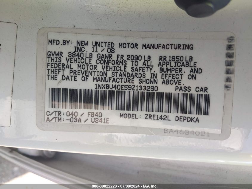 2009 Toyota Corolla VIN: 1NXBU40E59Z133290 Lot: 39822228