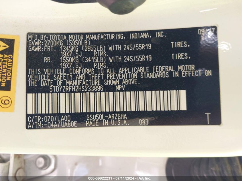 2017 Toyota Highlander Limited VIN: 5TDYZRFH2HS233896 Lot: 39822231