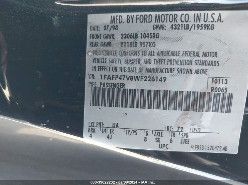 1998 Ford Mustang Cobra/Svt VIN: 1FAFP47V8WF226149 Lot: 39822232
